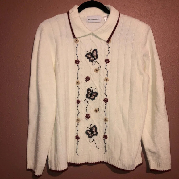 Alfred Dunner Cozy Butterfly Collared Sweater Sz Medium Embroidered - Picture 2 of 4